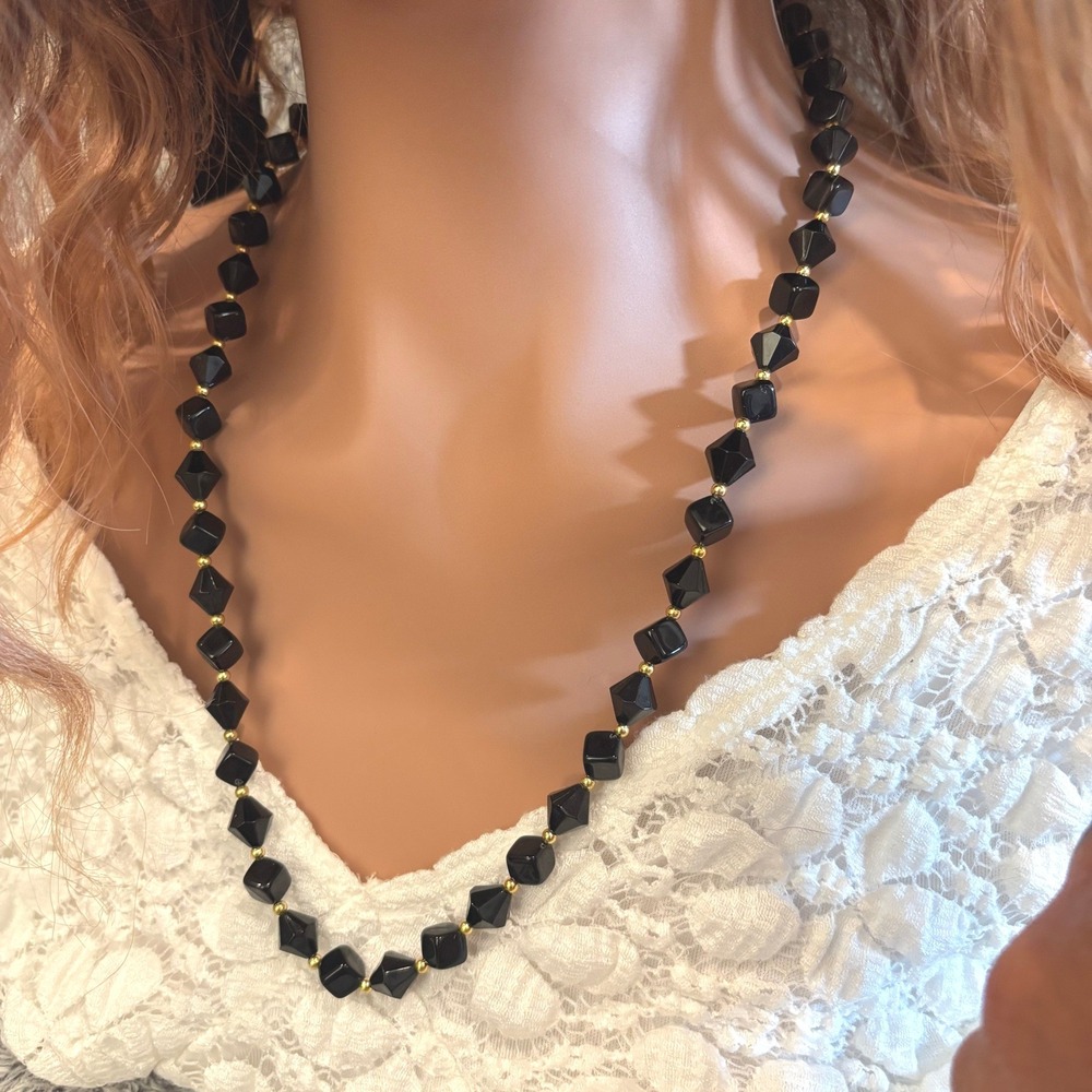 Ahbra-Cale Collection Goth Necklace Black Beaded Gold Tone Dark Academia 21314‎